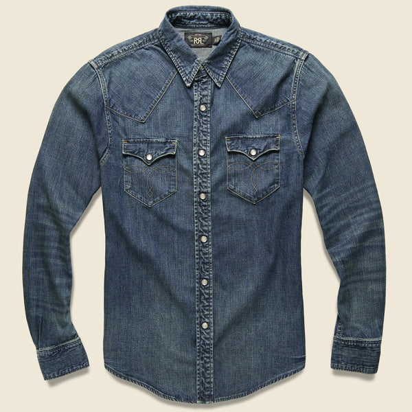 Slim Fit Denim Western Shirt - Dark Wash