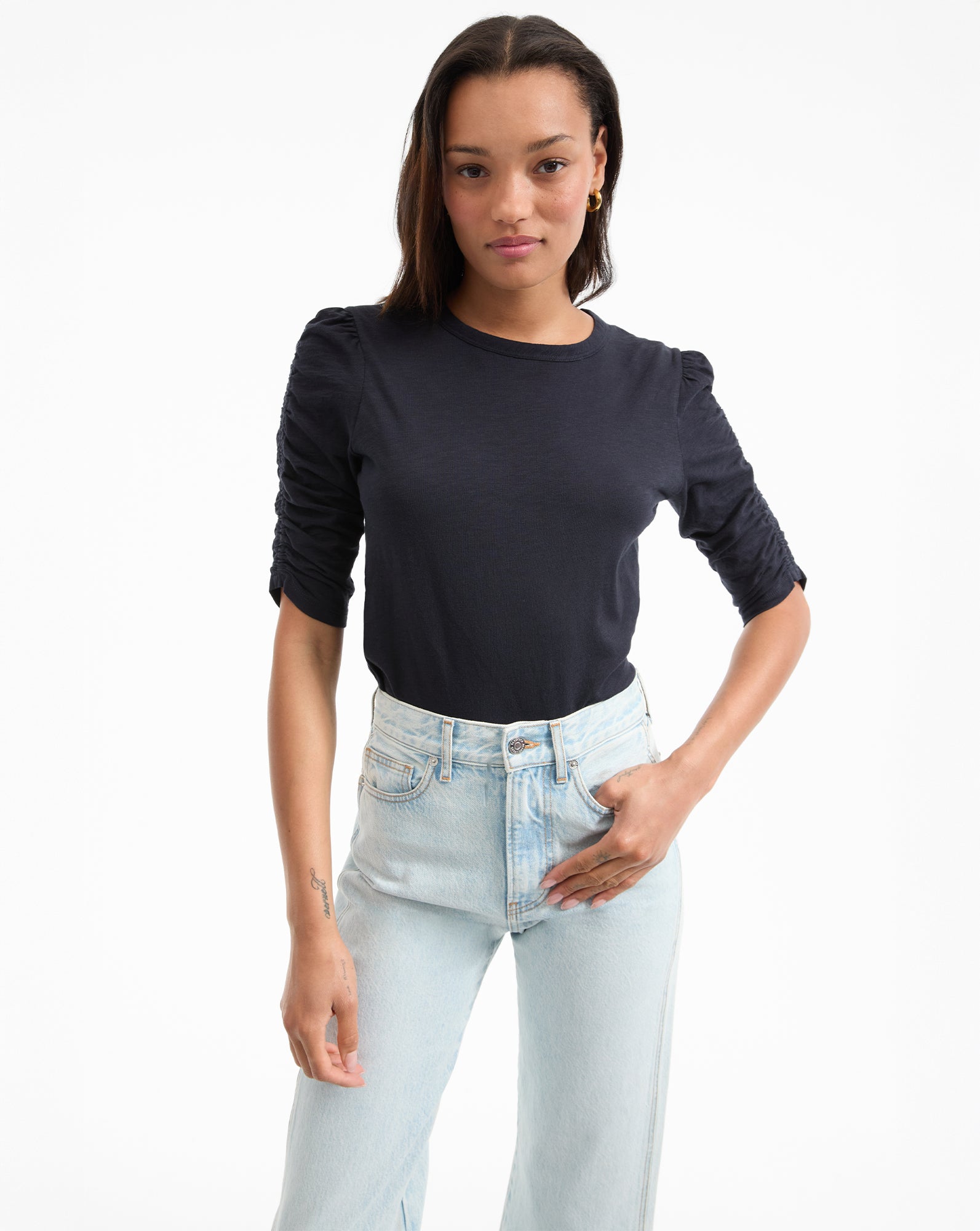 Waldorf Ruched-Sleeve Tee in Navy | Veronica Beard
