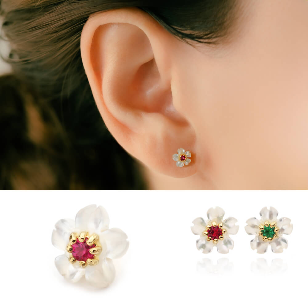 K18 シェル フラワー ボディピアス│ルビー・エメラルド 軟骨ピアス