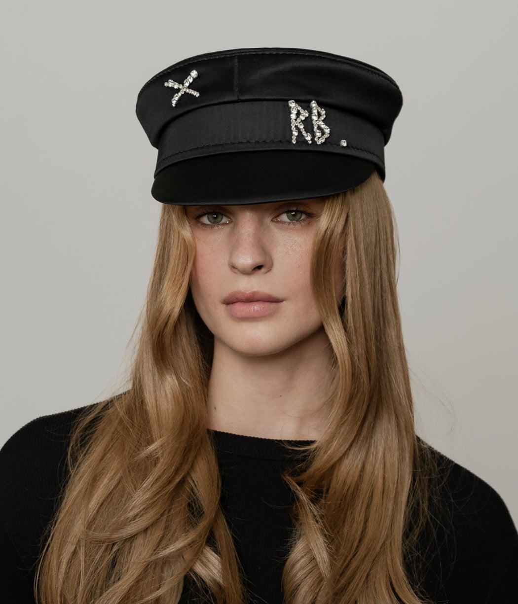 Crystal-embellished Black Satin Baker Boy Cap • Ruslan Baginskiy