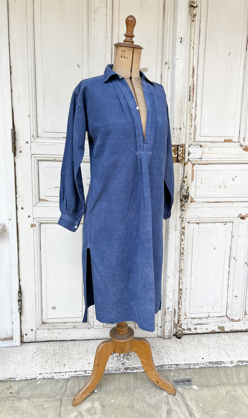 フランスアンティークホームスパンリネンインディゴ後染めワンピース