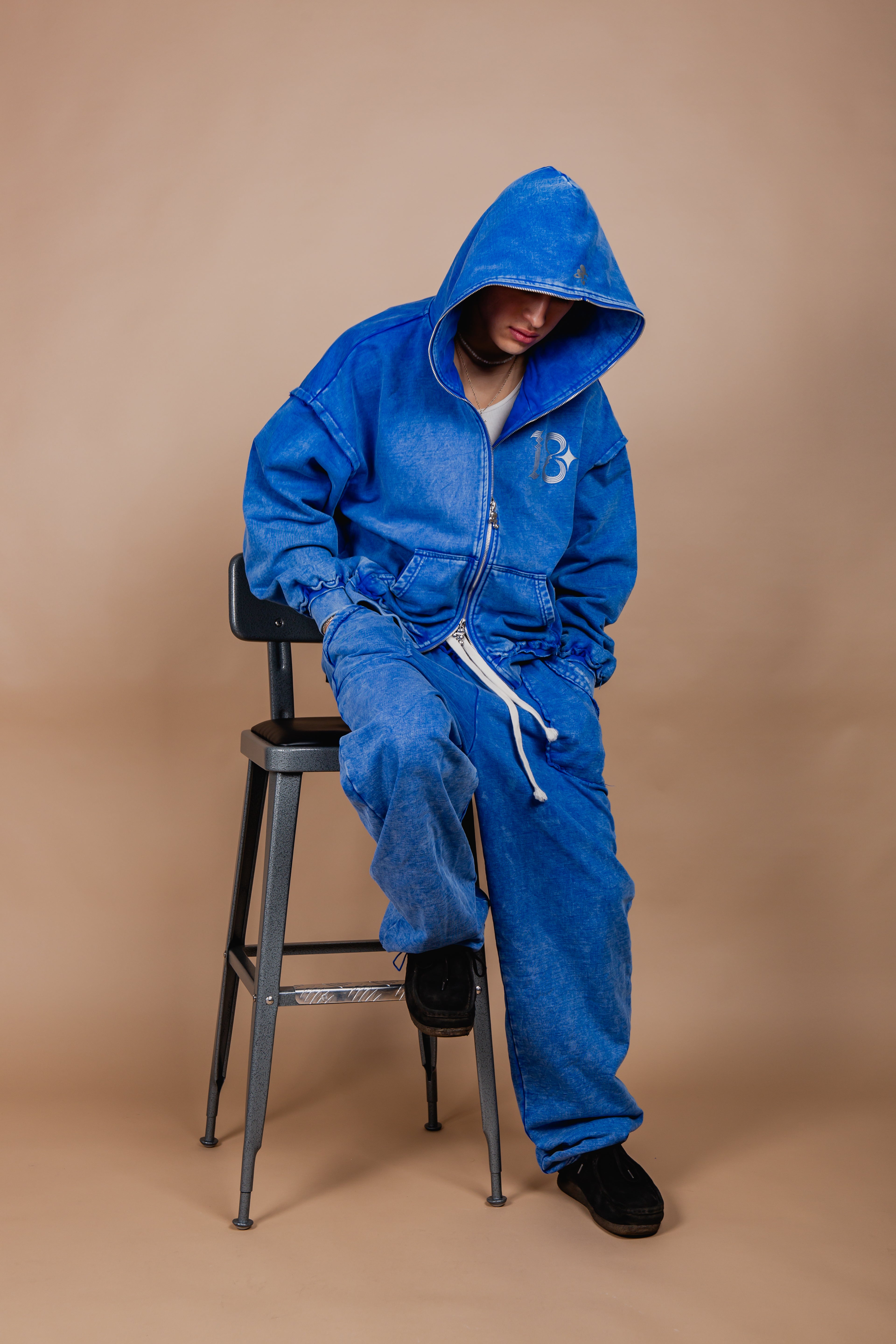 WASHED DOUBLE ZIP HOODIE blue – 1818