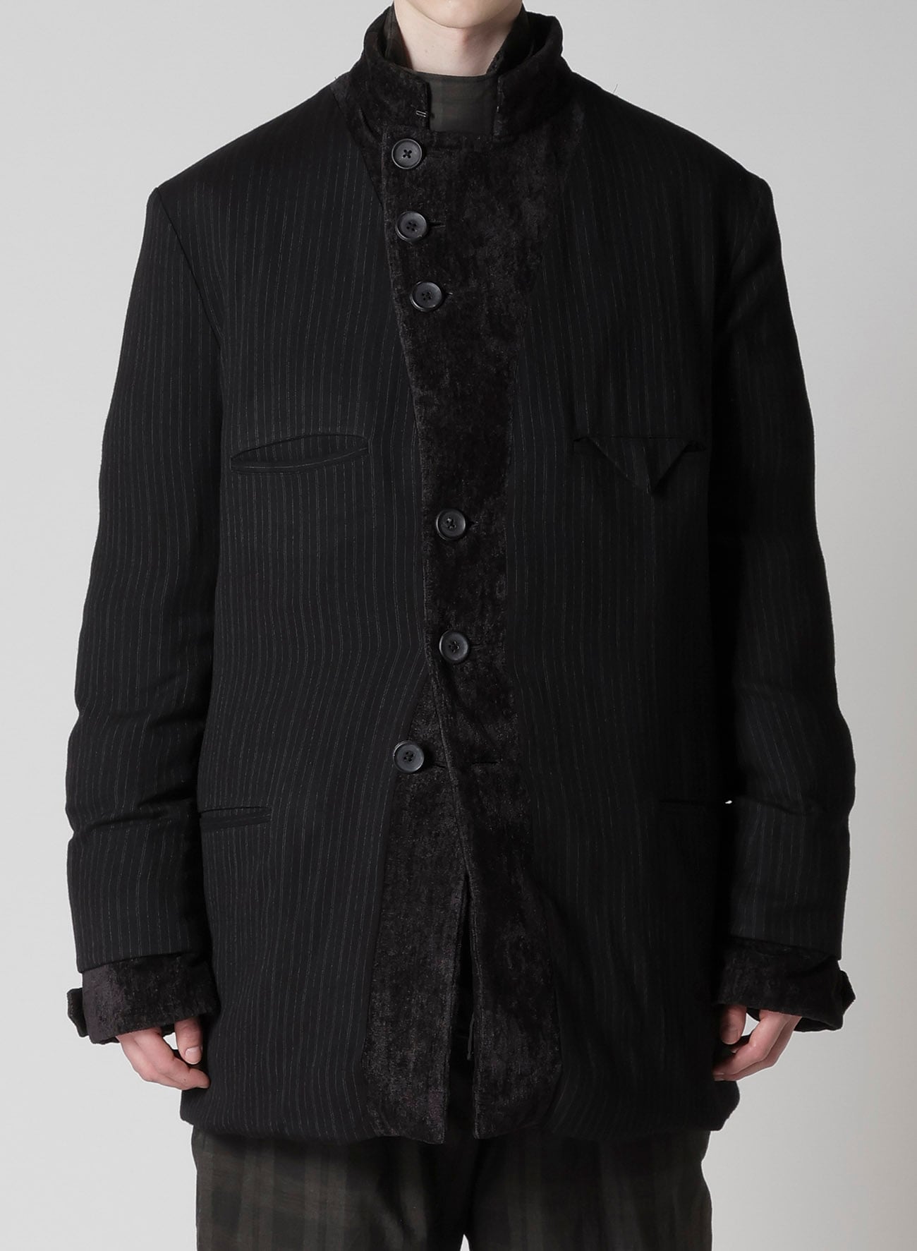 LINEN VELVET HORIZONTAL PADDED LONG JACKET(S Black): Yohji