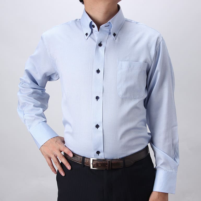 楽天市場】ワイシャツ 長袖 ボタンダウン ブルー 青 ストライプ メンズ