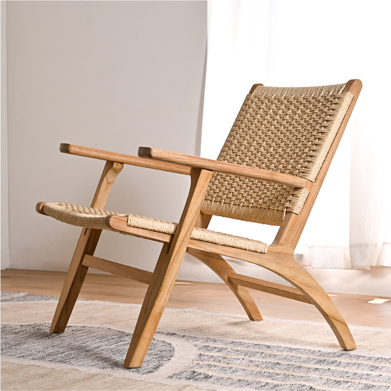 楽天市場】ペーパーコード チーク無垢材 アーム付きローチェア 木製