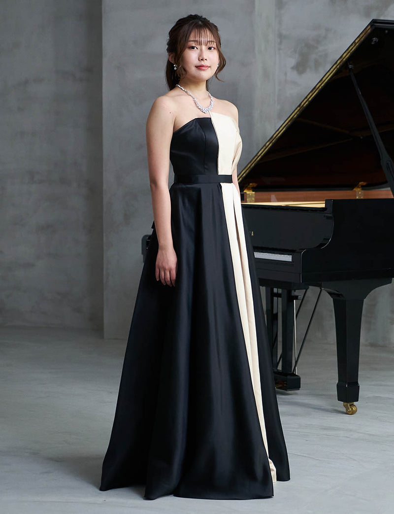 ベアトップロングドレス 演奏会用 ブラックゴールド サテン｜ツイード