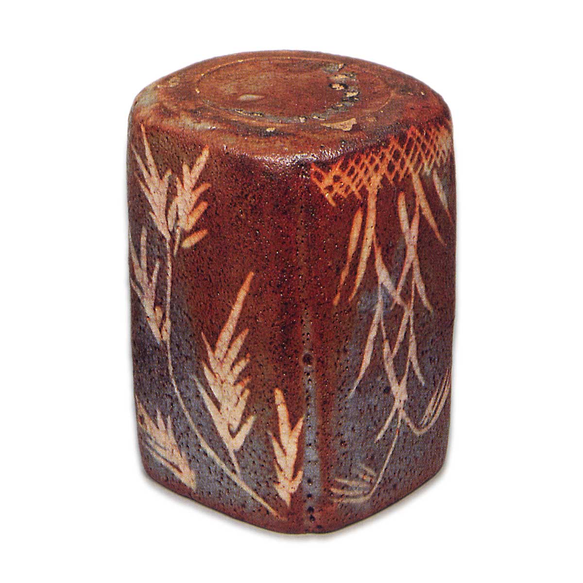 古絵志野、四方入隅向付(元箱、古裂綿更紗包布付) 古絵志野、四方入隅