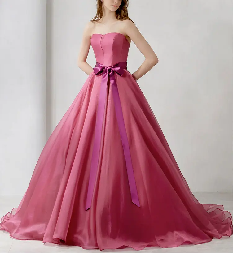 チェリーピンクカラードレス【FB384】上品エレガントなお色直しドレス