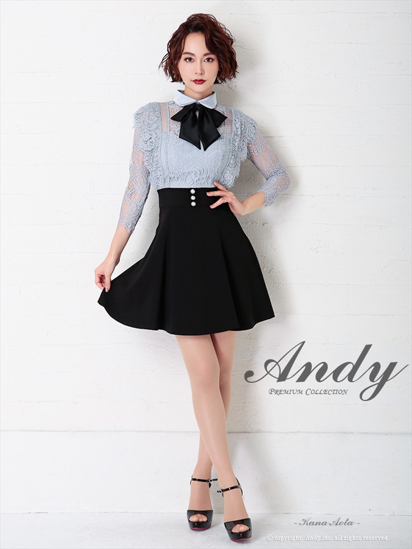 襟付き・リボン・レース・七分袖・フレア・Aライン・ミニドレス