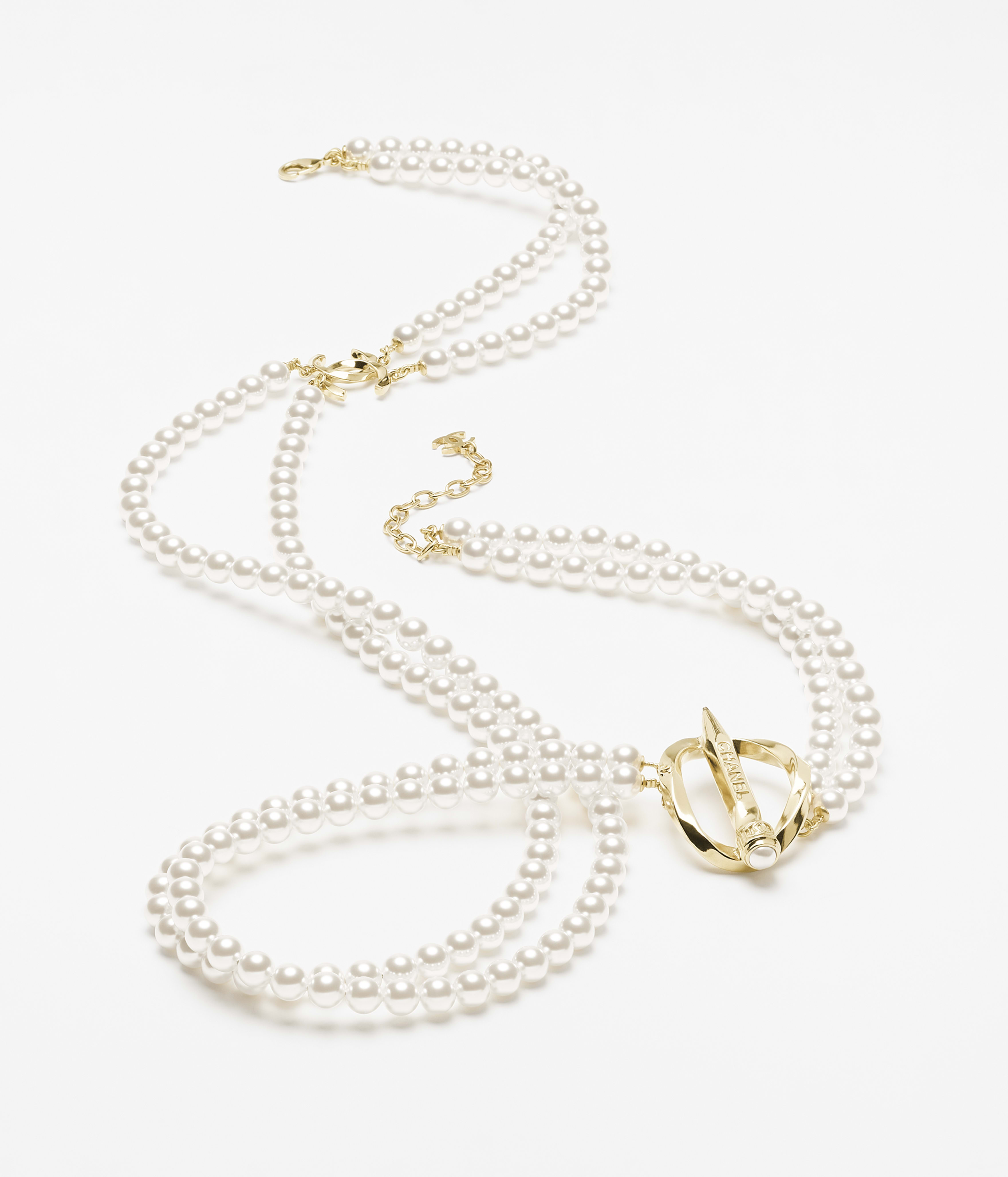 ロング ネックレス - コスチューム パール & レジン、ゴールド