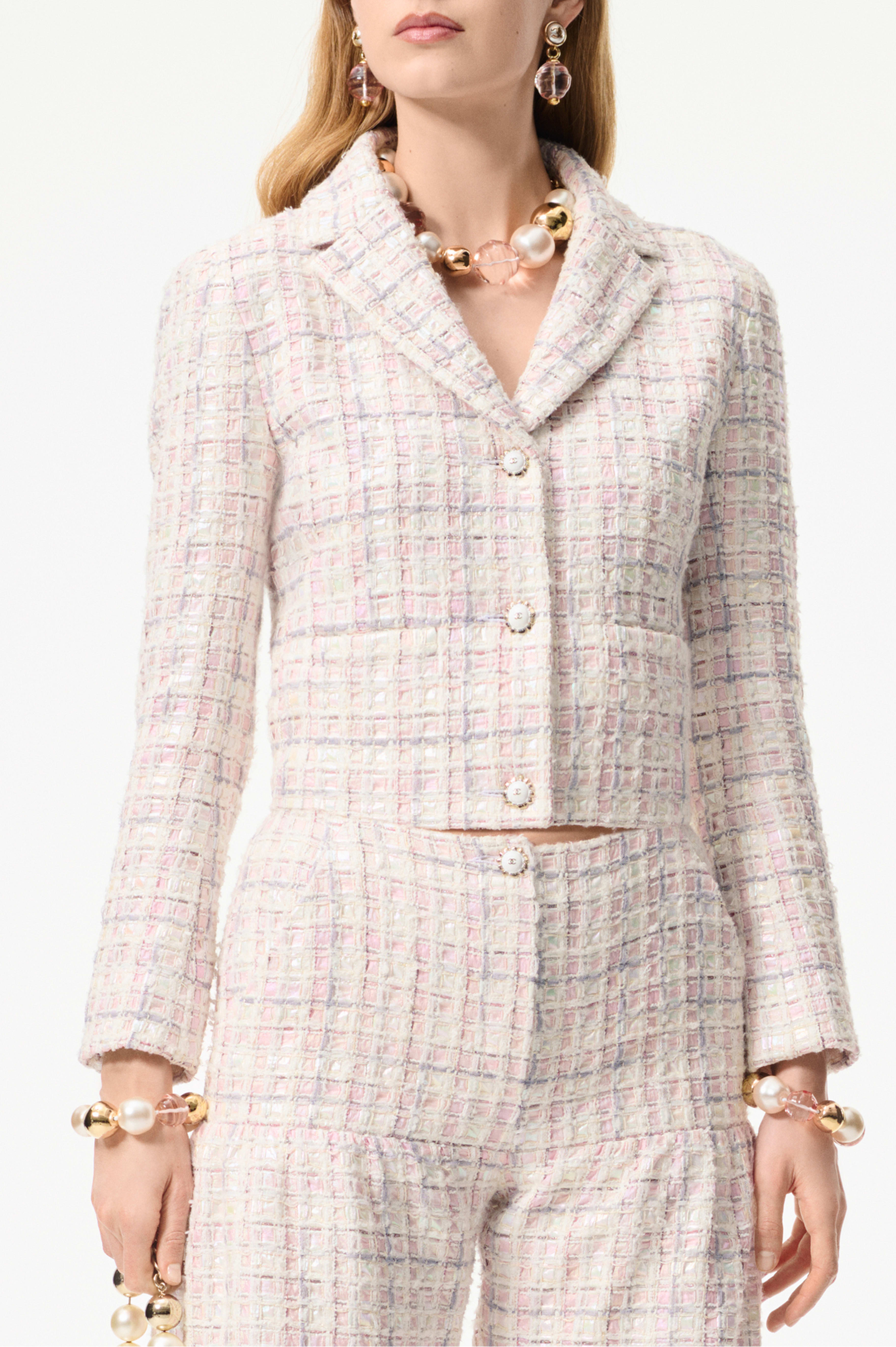 ジャケット - コットン ツイード、エクリュ、ピンク & グレー
