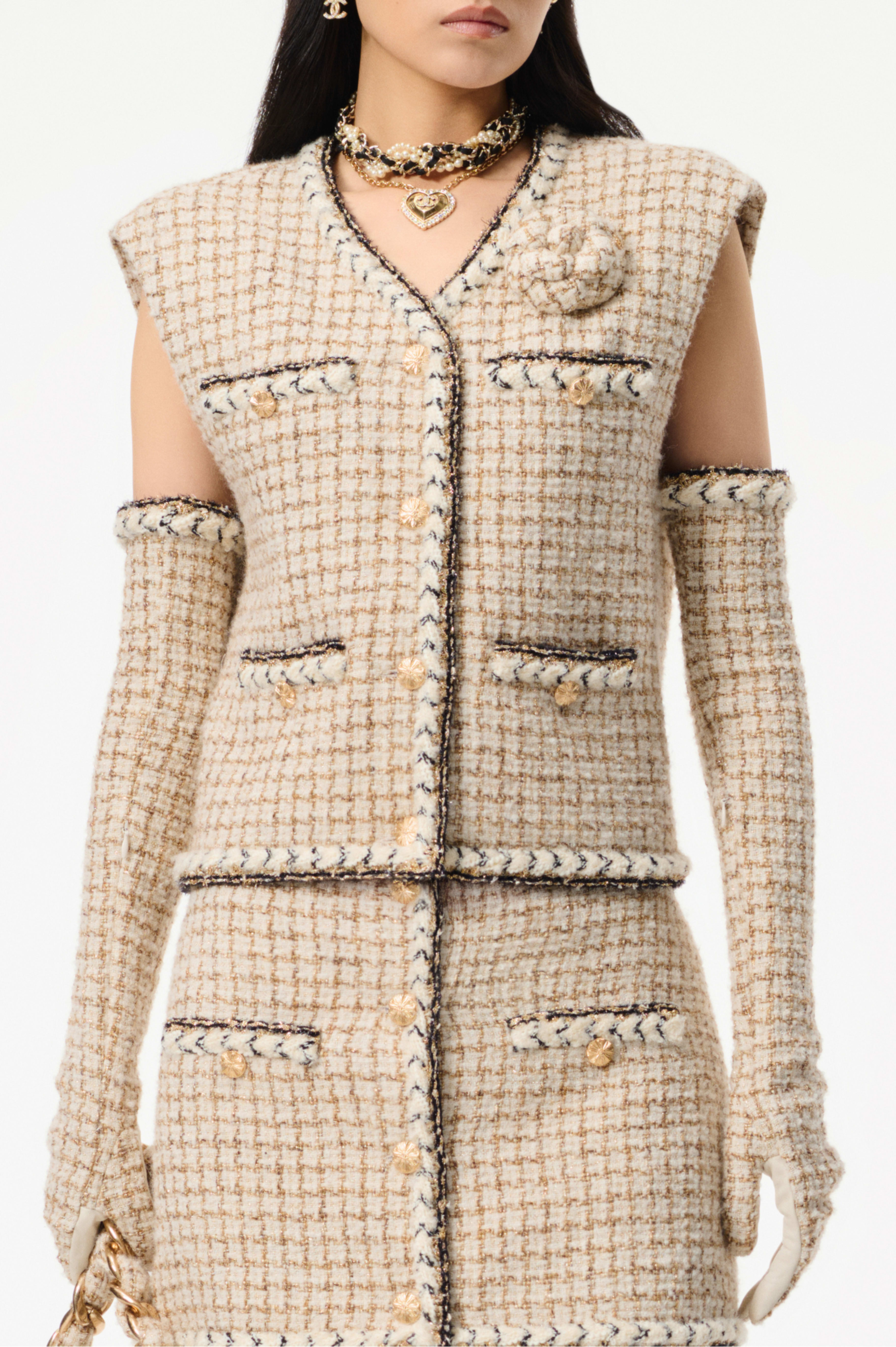 ベスト - ウール & モヘア ツイード、エクリュ、ベージュ、ゴールド