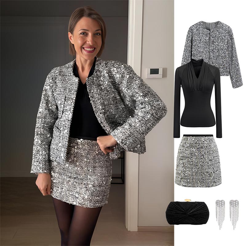 Silver Sequin Embellishment Tweed Jacket - Boho Chic, Indie