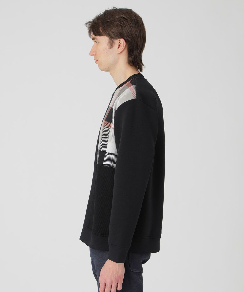 チェックニットドッキングスウェットシャツ（カットソー）｜BLACK