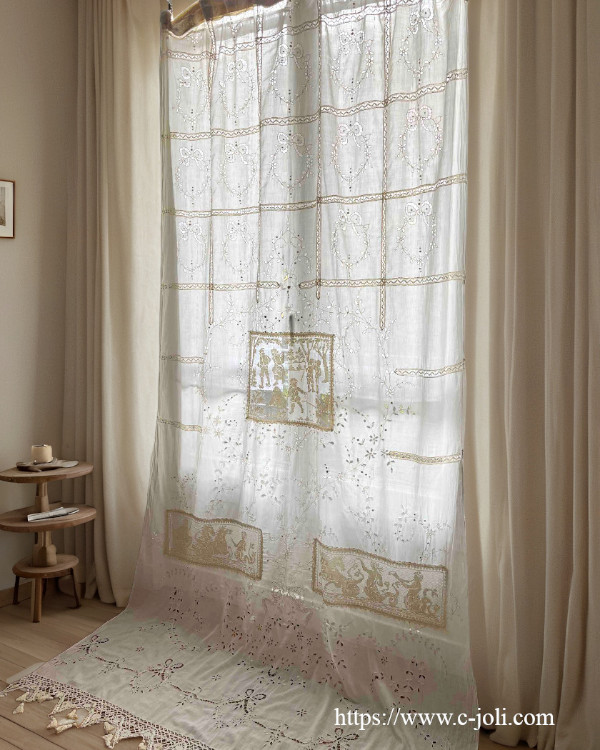 パリ発送】C1198 フランスアンティークコットンカーテン カットワーク