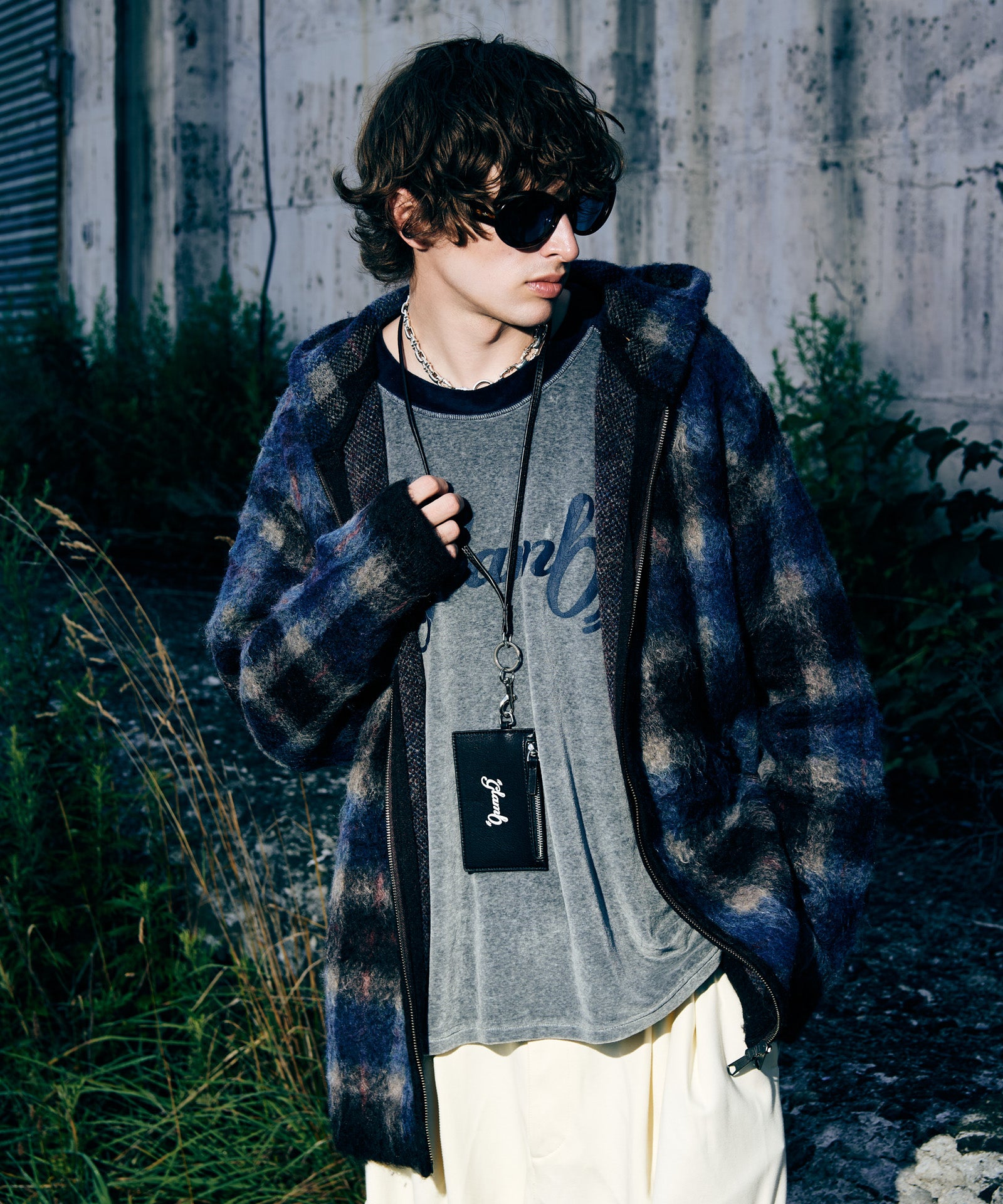 drawer 12G グレンチェック ニット レザートリム チェック ネイビー