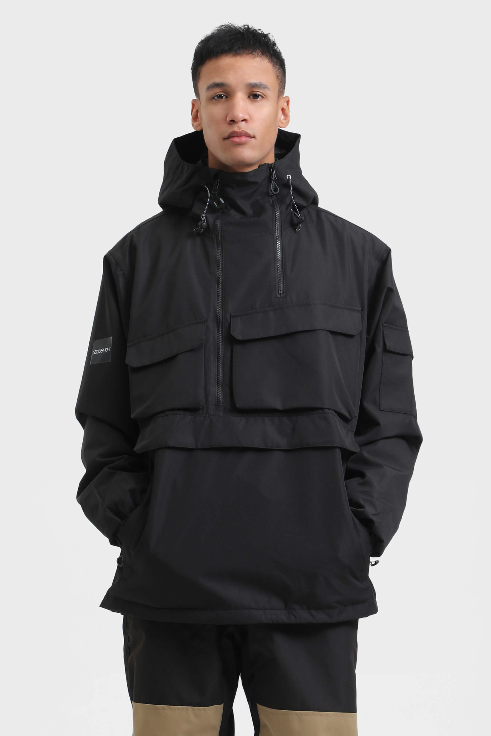 Men's Black Asymmetrical Kangaroo Pocket Waterproof Insulated Snow