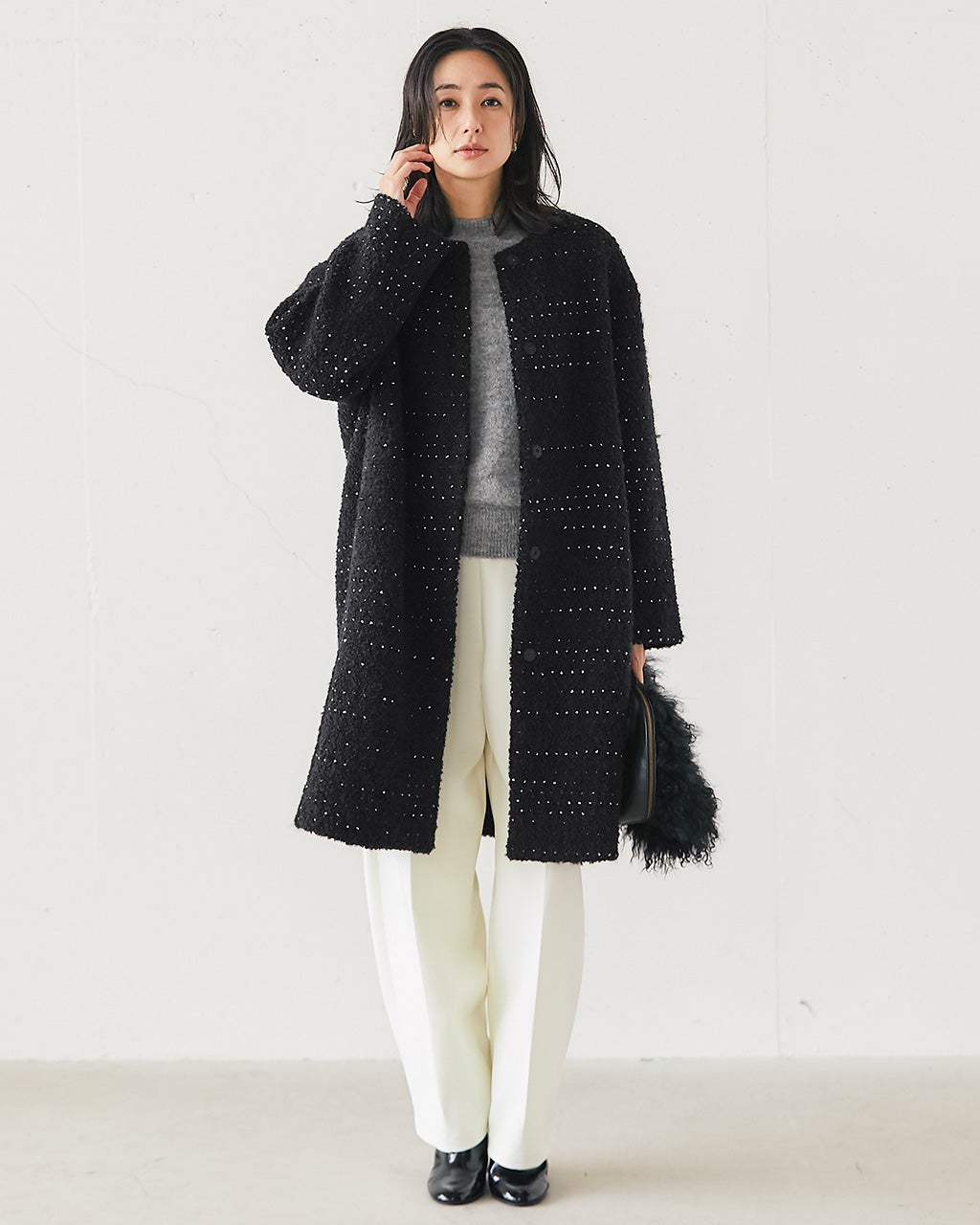 ミックスツイード・ノーカラーコート/DoCLASSE