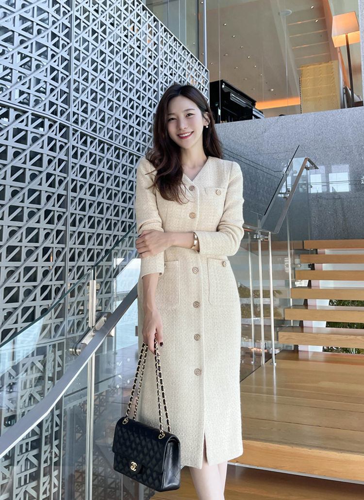 Vネックツイードボタンワンピース | レディースファッション通販 - DHOLIC