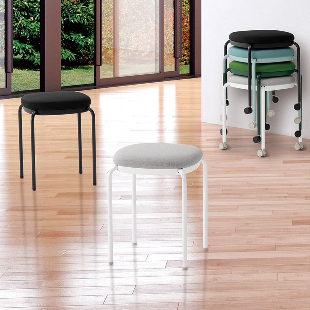 角丸4本脚マルチスツール 布張りタイプ 幅468 奥行468 高さ458 SN-M102