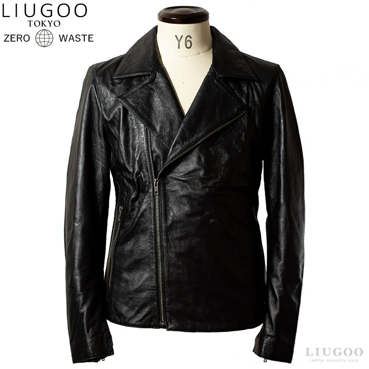 LIUGOO ZERO WASTE 本革 ダブルライダースジャケット メンズ