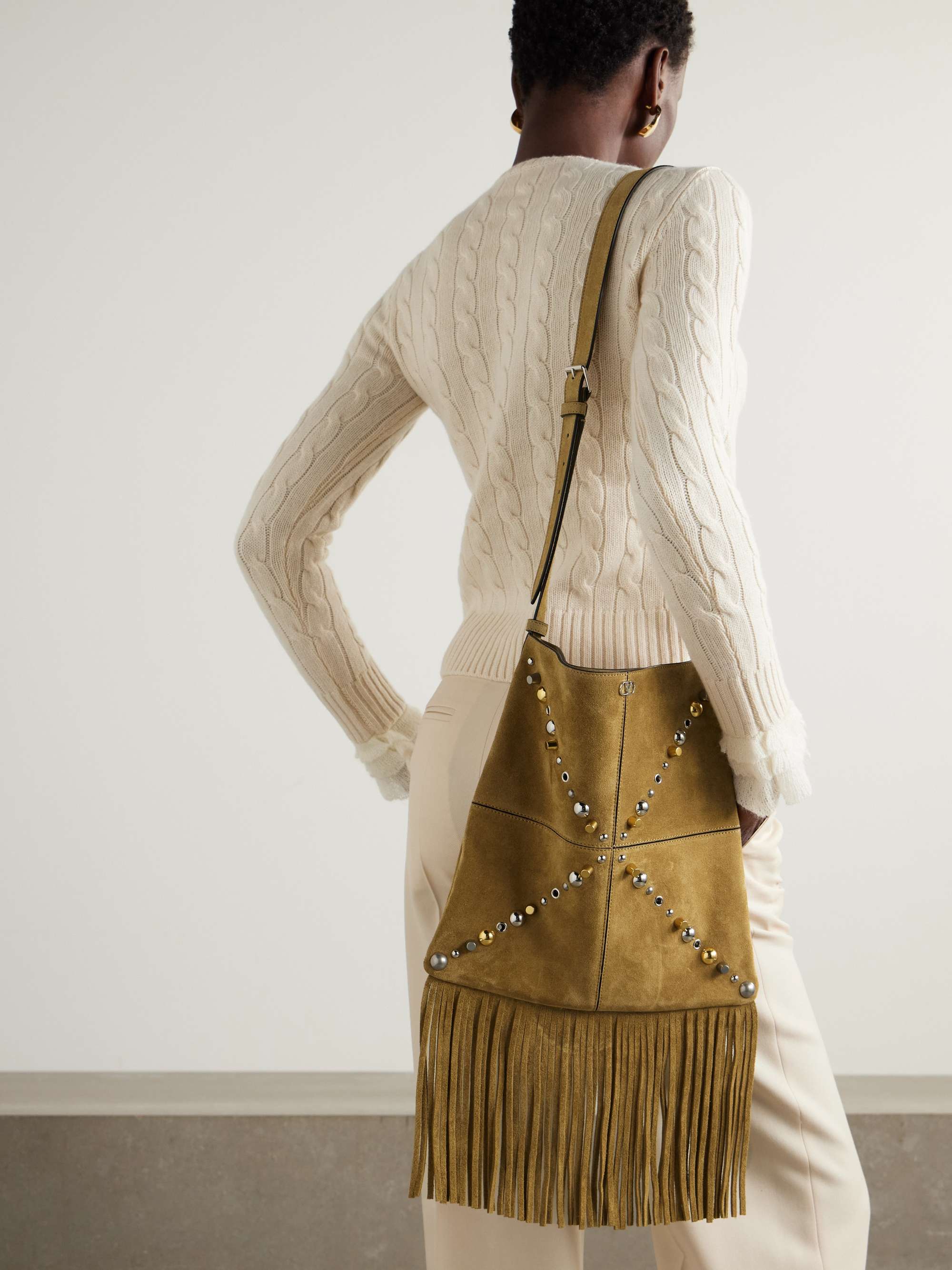 VALENTINO GARAVANI Nellcote fringed studded suede shoulder bag