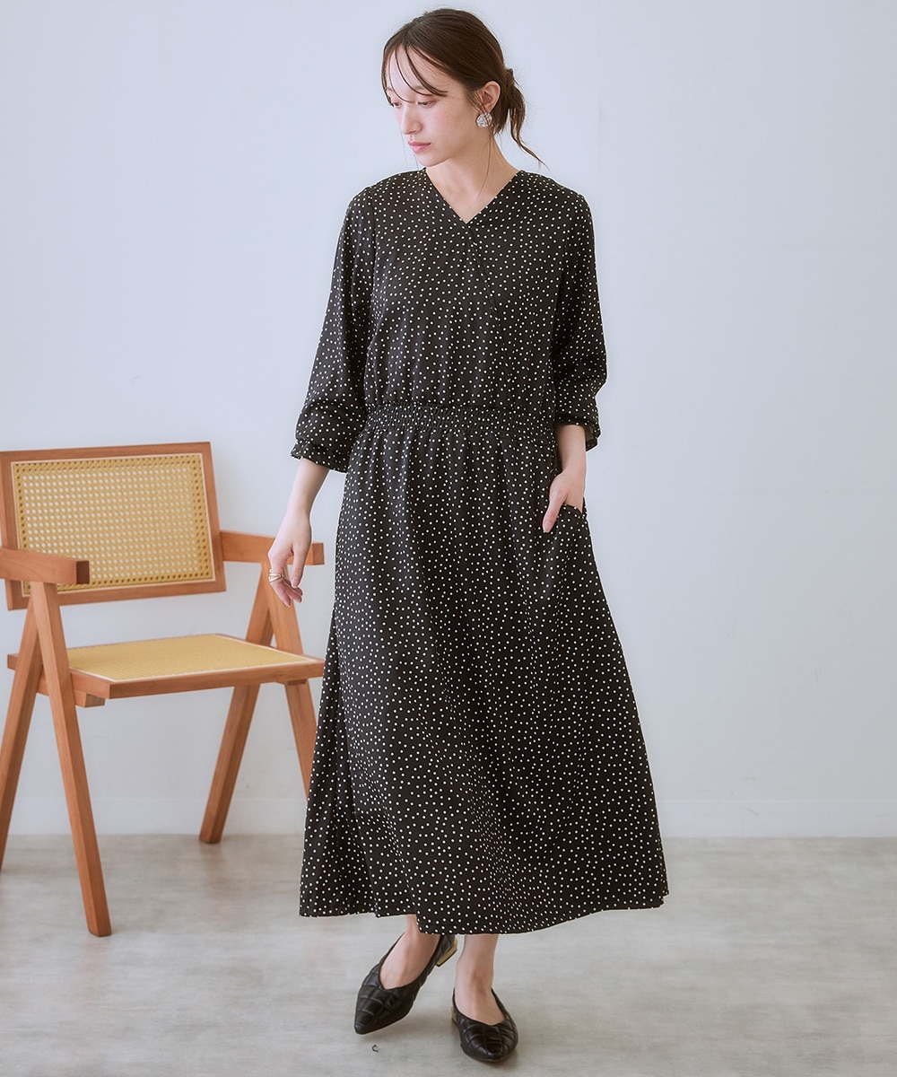 後リボンウエストゴムシャーリングロング丈ワンピース＜大きいサイズ有