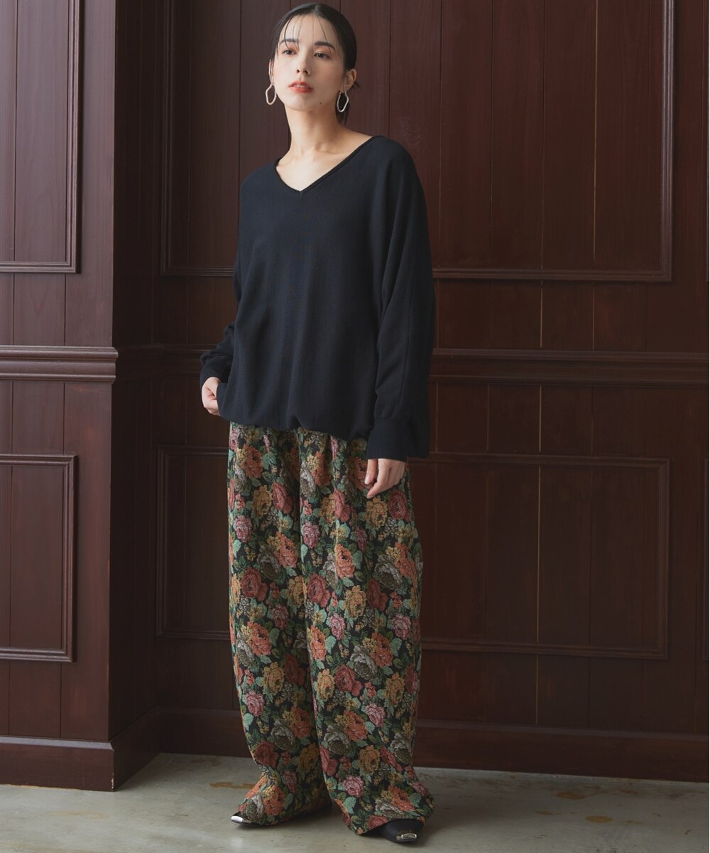 洗える】総柄ジャガードワイドパンツ［Soiunique］ ストレッチ 楽ちん