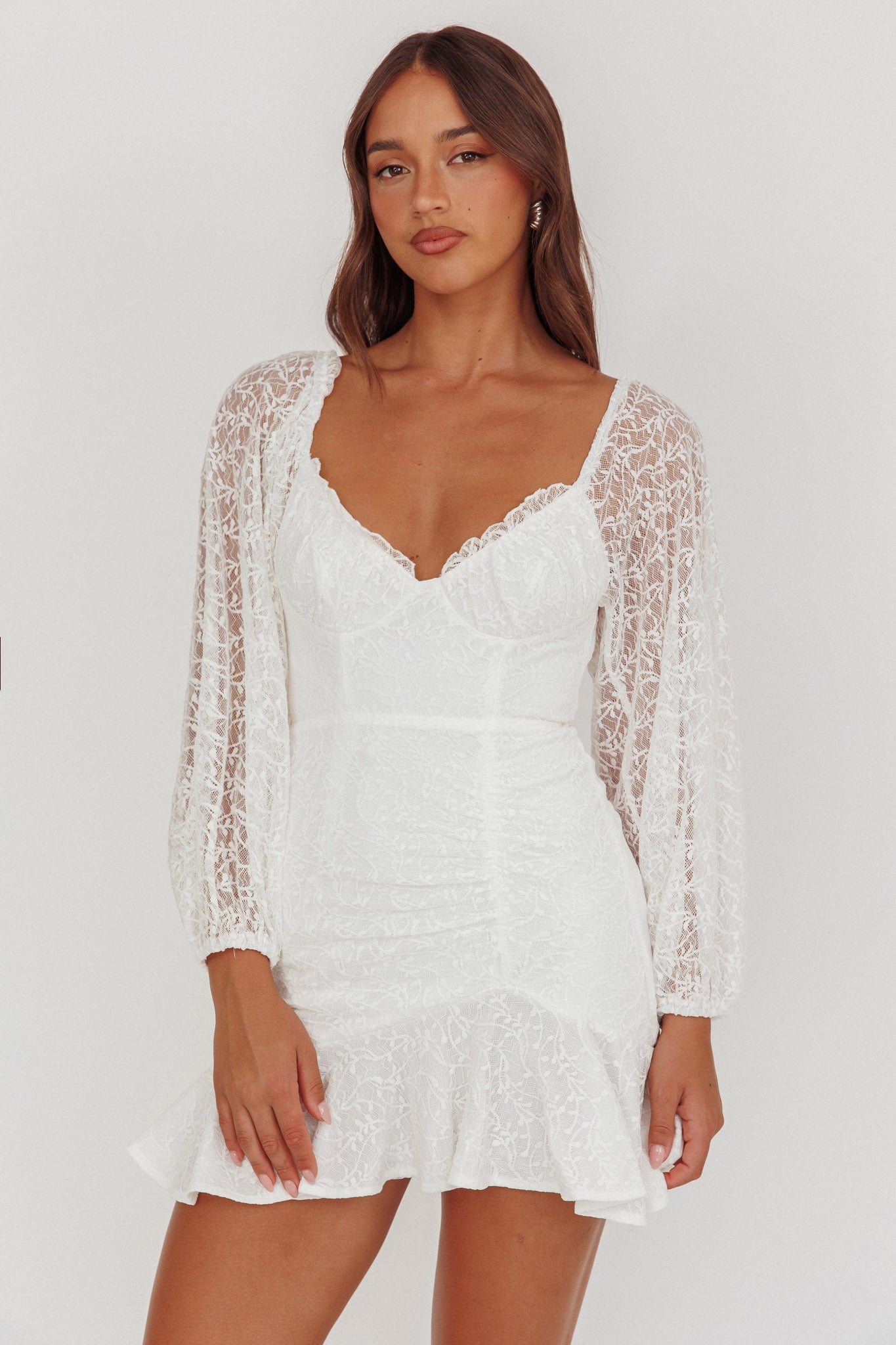 Shop the Halley Balloon Sleeve Frill Bust Flounce Hem Lace Dress White