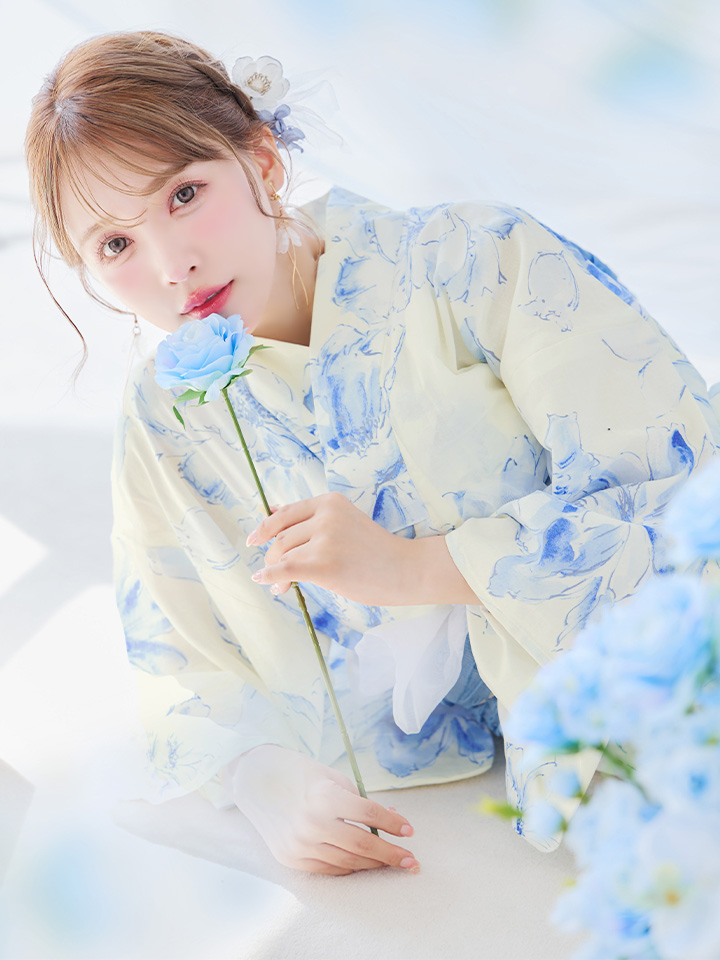 即日発送】グラデーションブルー牡丹和モダン浴衣【浴衣3点セット