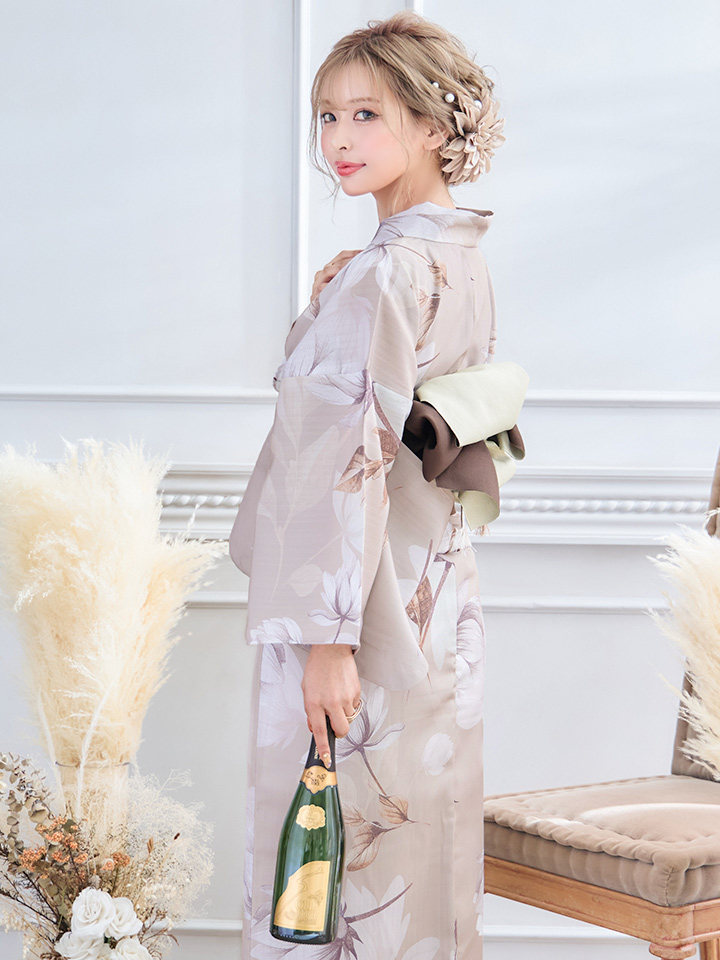 即日発送】【浴衣】ホワイトフラワーブラウン浴衣【浴衣3点セット