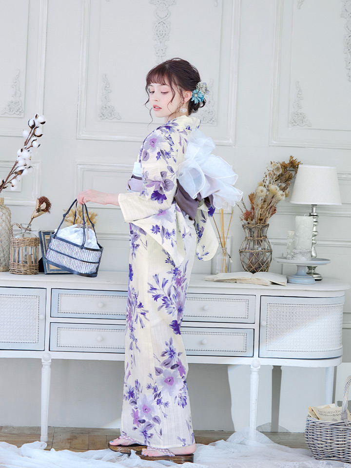 即日発送】白地xパープルグラデーション浴衣 【浴衣3点セット 浴衣/帯