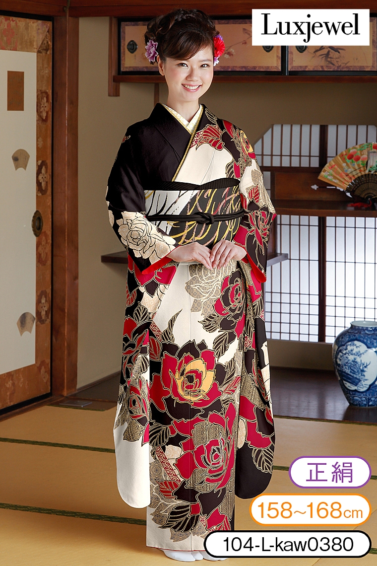 振袖レンタル 振袖Lサイズ ブランド：Luxjewel 大薔薇 白黒｜着物