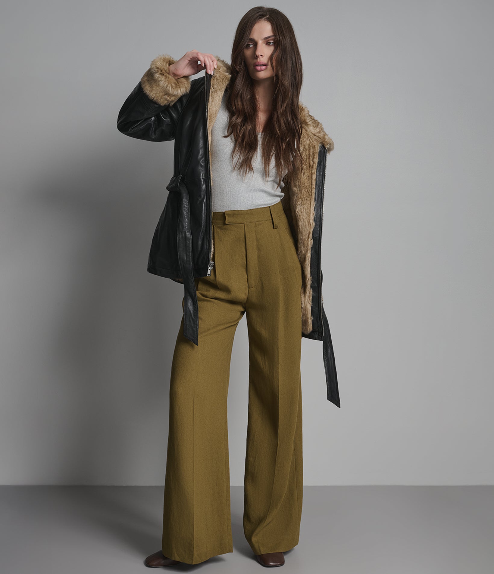 Genevieve Faux Fur Belted Leather Trench Jacket | Mid-Length