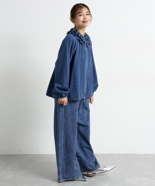 フリルカラー甘織りデニムシャツブルゾン《CLIP denim》（ブルゾン