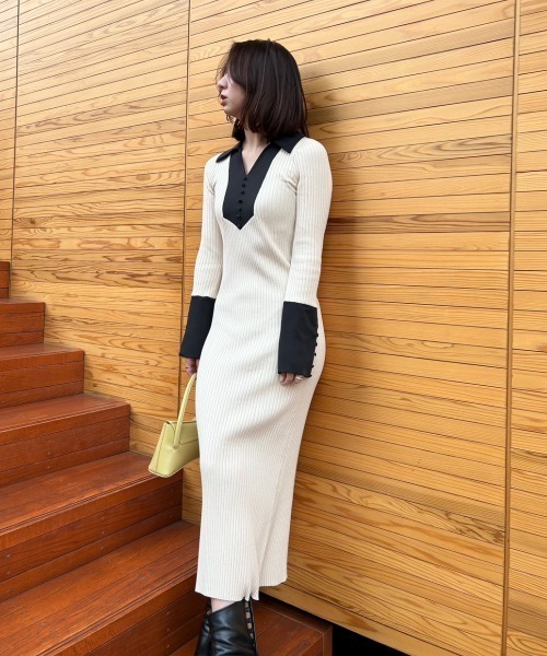 FRAY I.D（フレイアイディー）の「シャツカラーリブニットワンピース