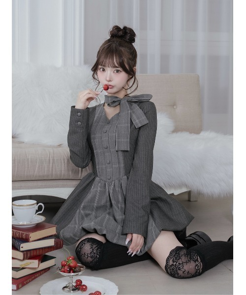 チェックストライプバルーンミニワンピース（ワンピース）｜Darich