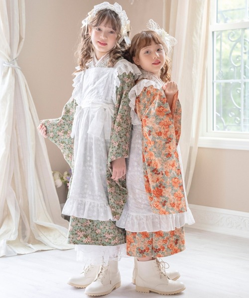 セール】後ろファスナーで着る アンティークエプロン着物ワンピース