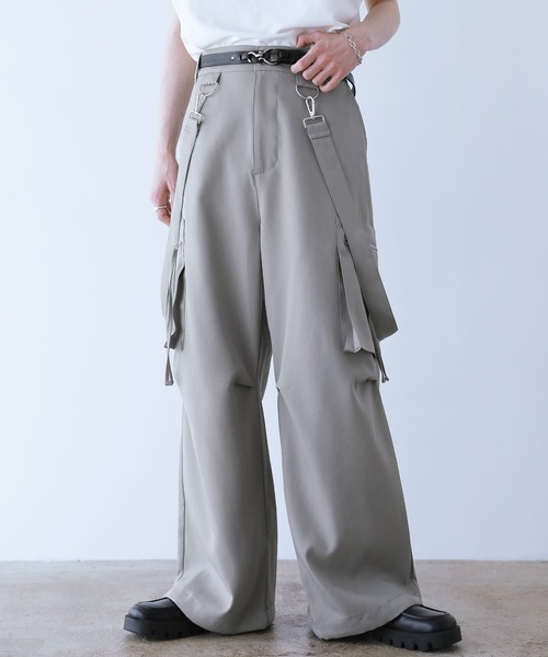 ルーズシルエットハイウエストサスペンダーZIPポケットデニムカーゴ