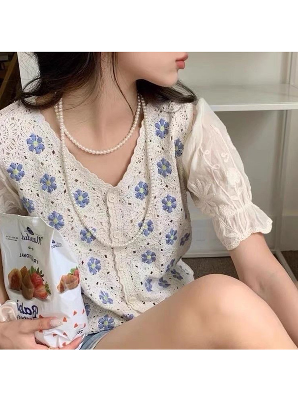 かぎ編み花柄刺繍スカラップニットトップス[ac2128] | レディース
