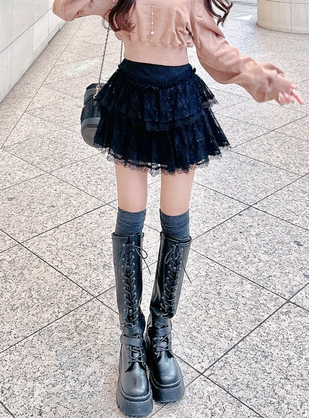 インパン裏地付きティアードフリルレースミニスカート[pm789
