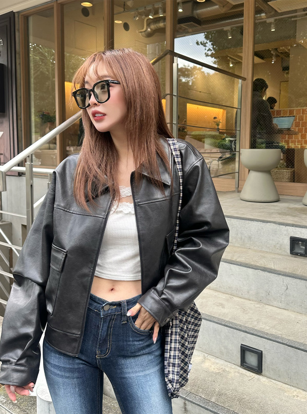 ヴィンテージ風ビッグポケットレザージャケット[tu1443] | レディース