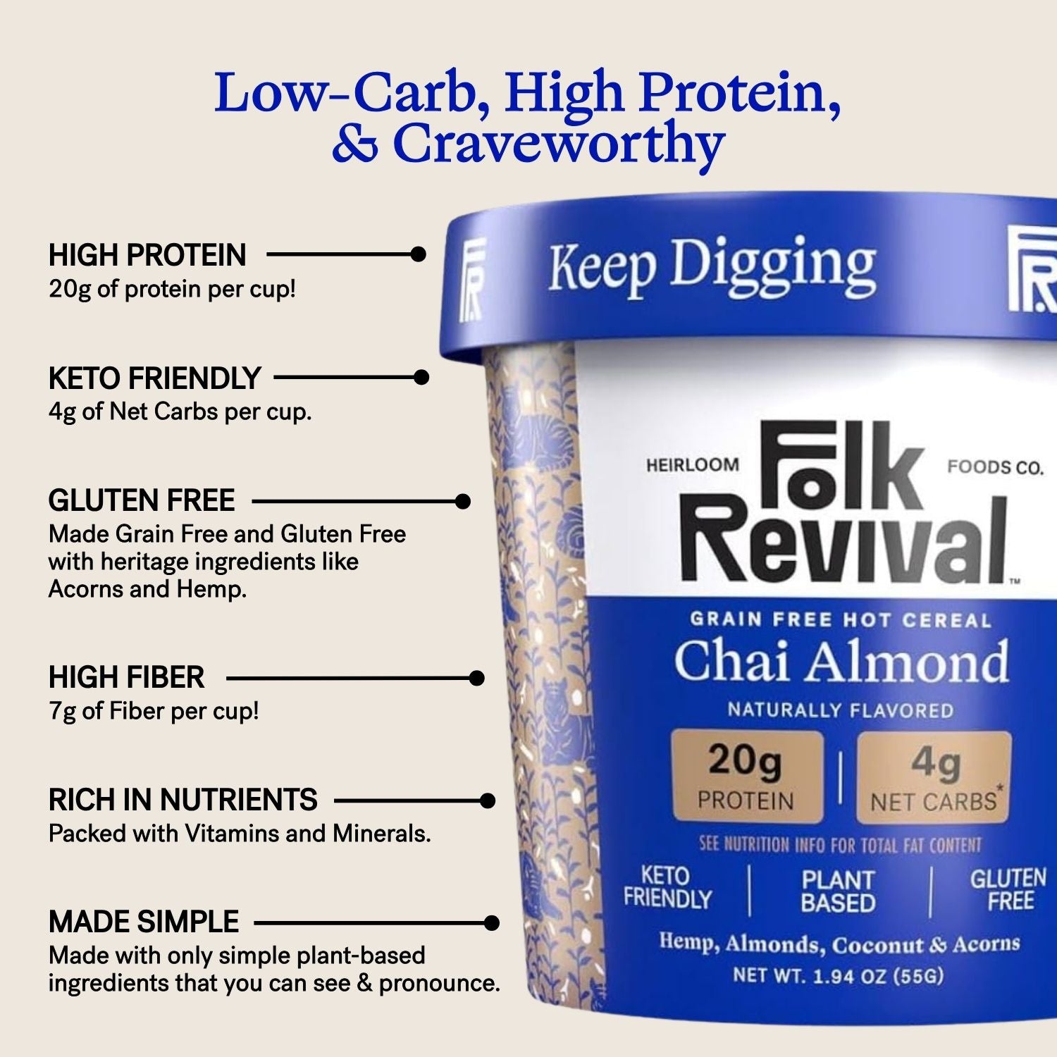 Chai Almond Instant Keto 'Oatmeal' & Hot Cereal Cups - Folk Revival