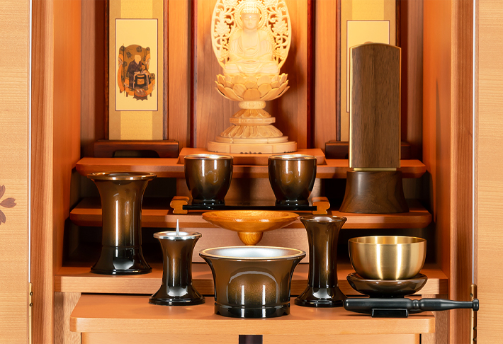 仏具セット【PC仏具セット そよ風 コハク・ワイン＋専用リン 7点セット