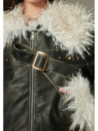 DIDDI MODA ファー付きラペルブラックレザージャケット – 個性的な