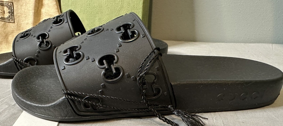 Gucci Rubber GG Logo Pursuit Slides Sandals Black Women's Size 34