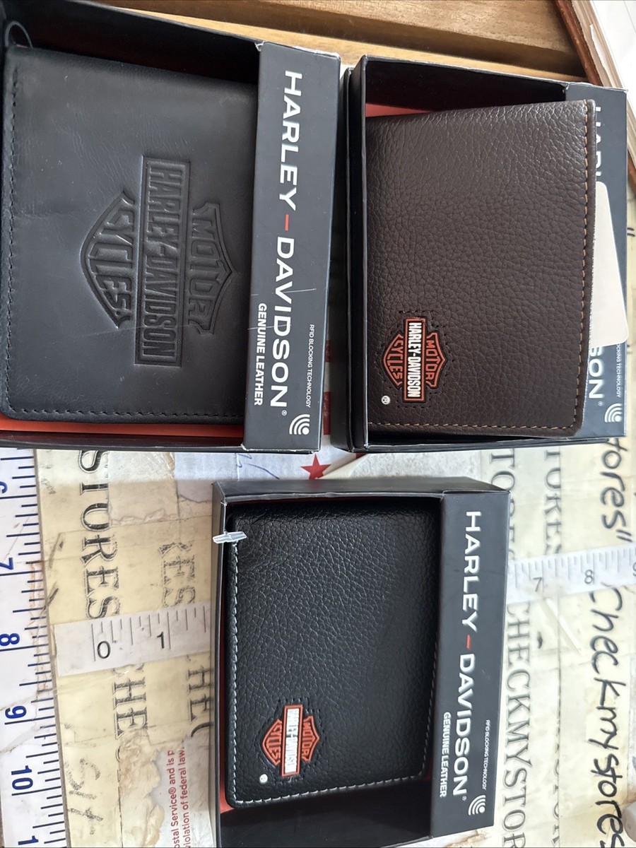 New 3X Harley Davidson Men's Wallet Bi-fold 100% Leather Logo RFID