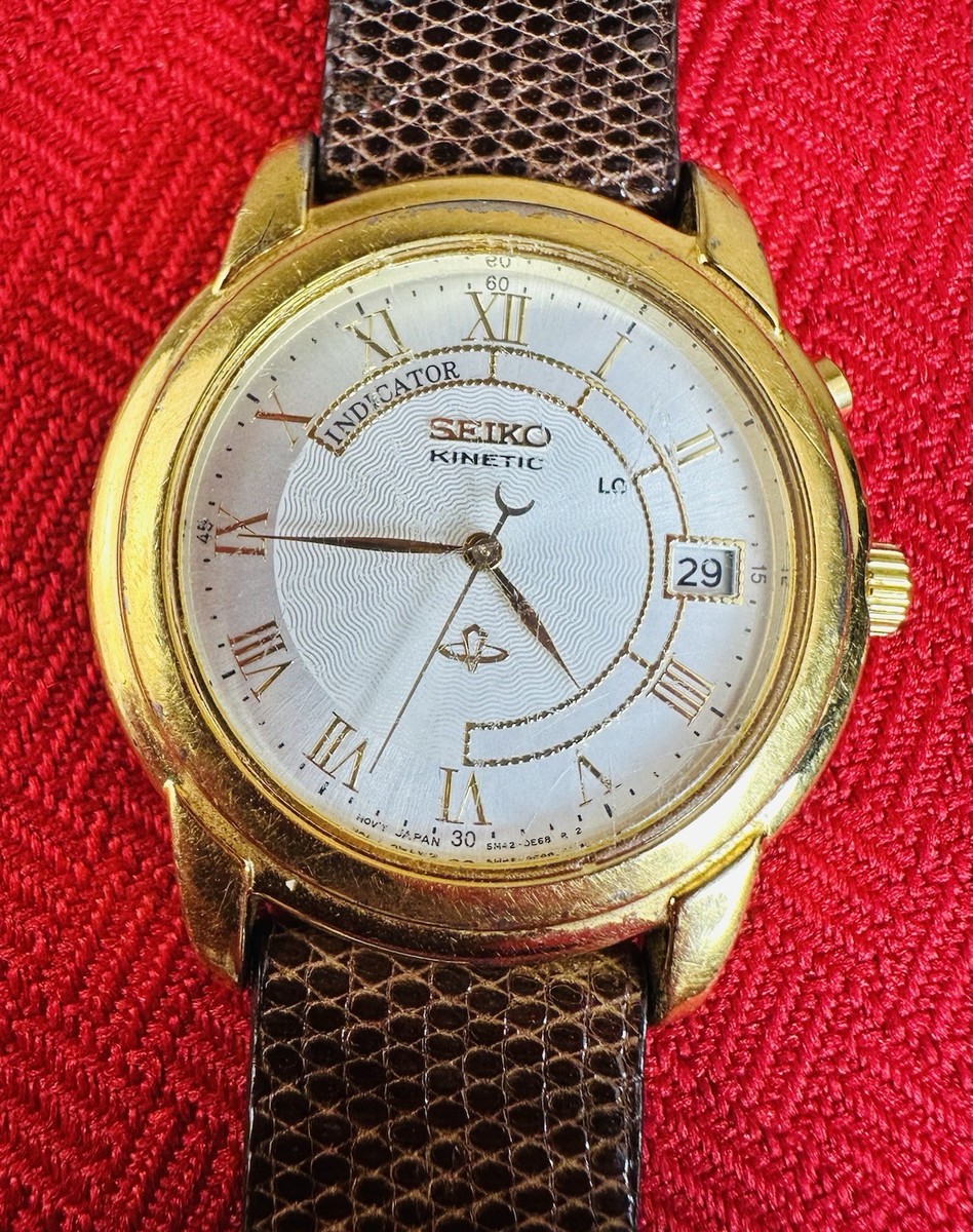 Seiko Kinetic Indicator Watch 5M42-0B49 Gold Case Roman Dial NOS