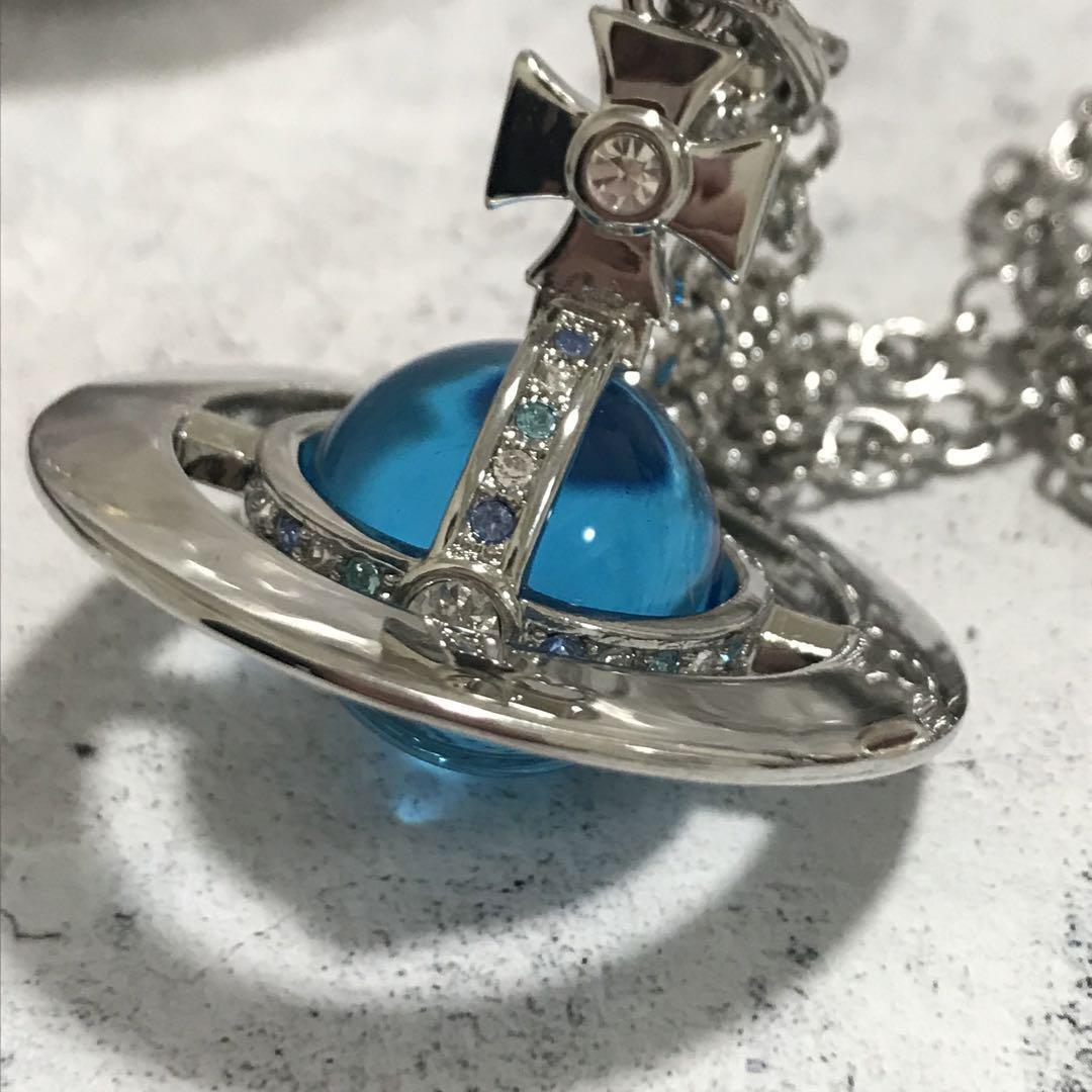 Vivienne Westwood Small Orb Necklace Silver Light Blue Chain 80cm