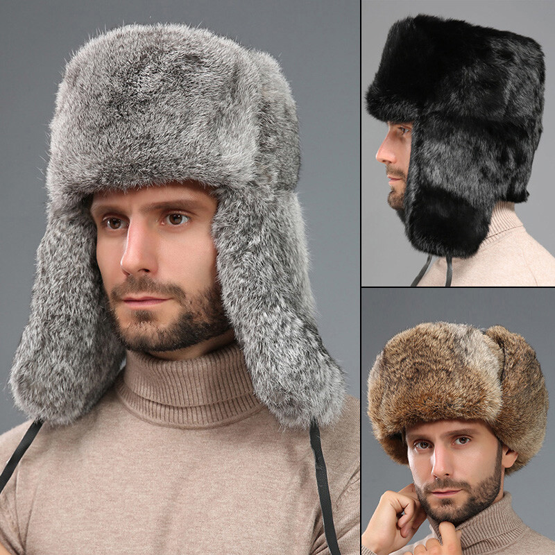 Mens Winter Real Genuine Rabbit Fur Hat Russia Trapper Earflap Ski